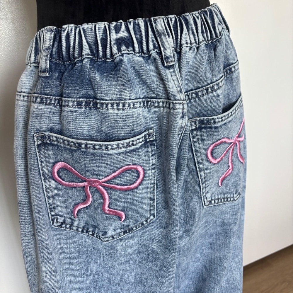 Coquette Bow Wide Leg Jeans Pink Bow Pocket Distressed Wash Plus Size